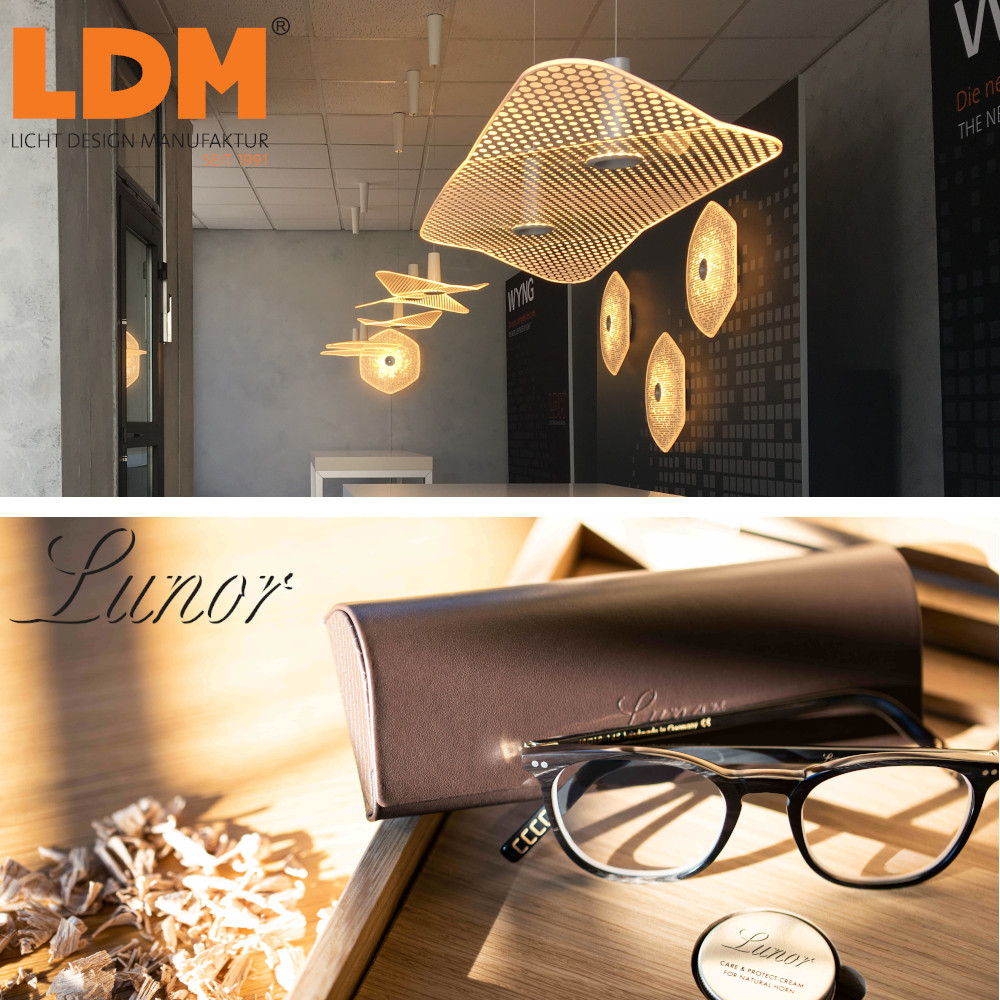 Dieses Bild zeigt eine Collage zum 30-jährigen Jubiläum von LDM mit der Leuchten-Serie Wying und von Lunor mit seiner Jubiläums-Brille B1.