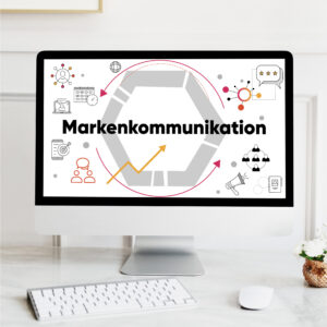Markenkommunikation_Blogbeitrag Laptop auf dem im Bildschirm der Schriftzug Markenkommunikation steht