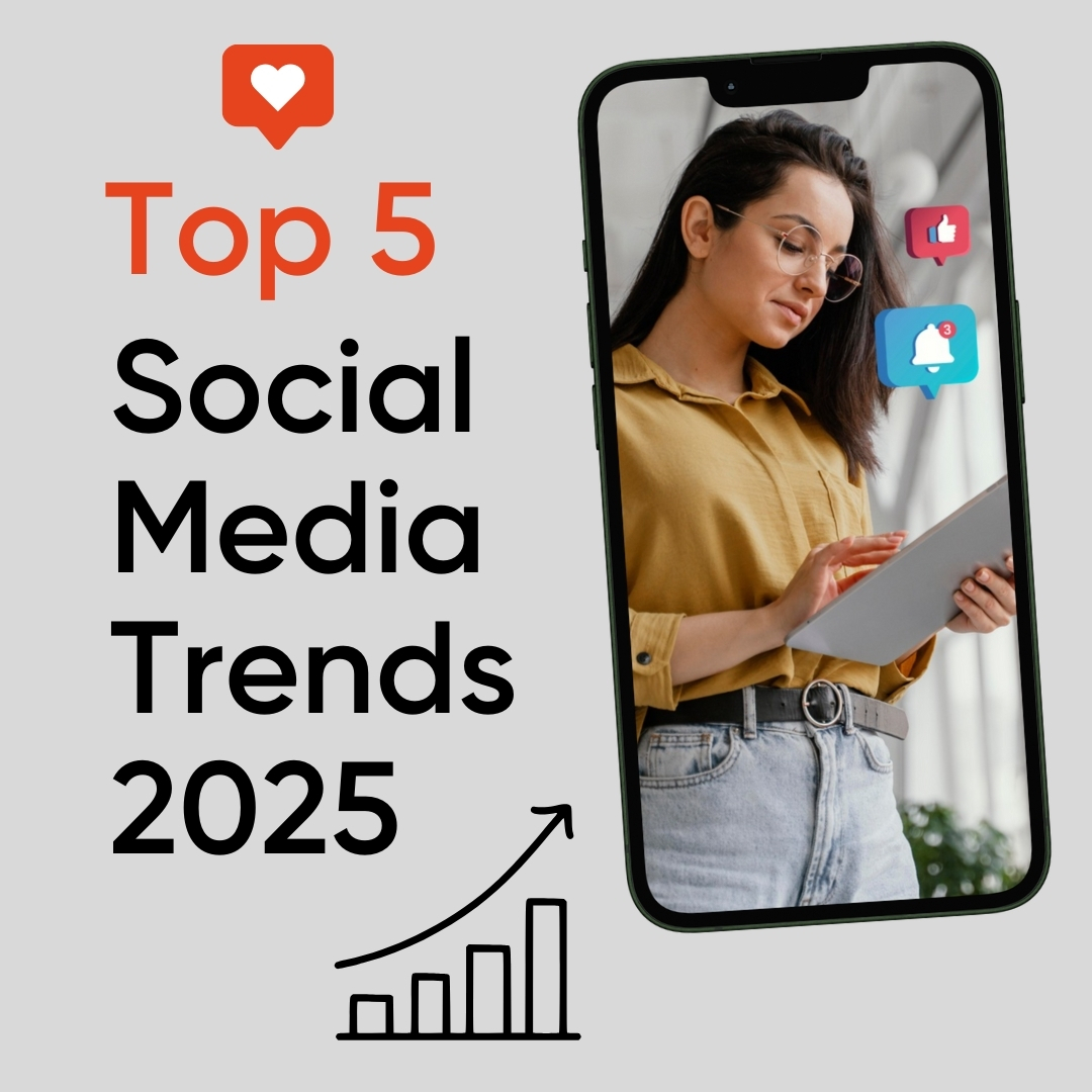 Auf einem grauen Hintergrund steht die Überschrift: Top 5. Social Media Trends 2025. Daneben eine Frau mit einem Handy in der Hand